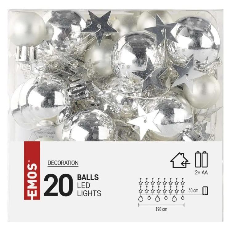 Božična girlanda Emos LED, srebrne krogle z zvezdami, 1,9 m, notranja, topla