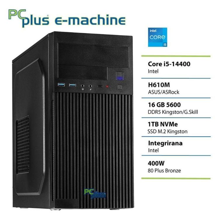 Namizni računalnik PCplus e-machine z Intel Core i5-14400 procesorjem, 16 GB DDR5 pomnilnika in 1 TB NVMe SSD diskom zagotavlja hitro ter zanesljivo delovanje za poslovno in domačo uporabo.