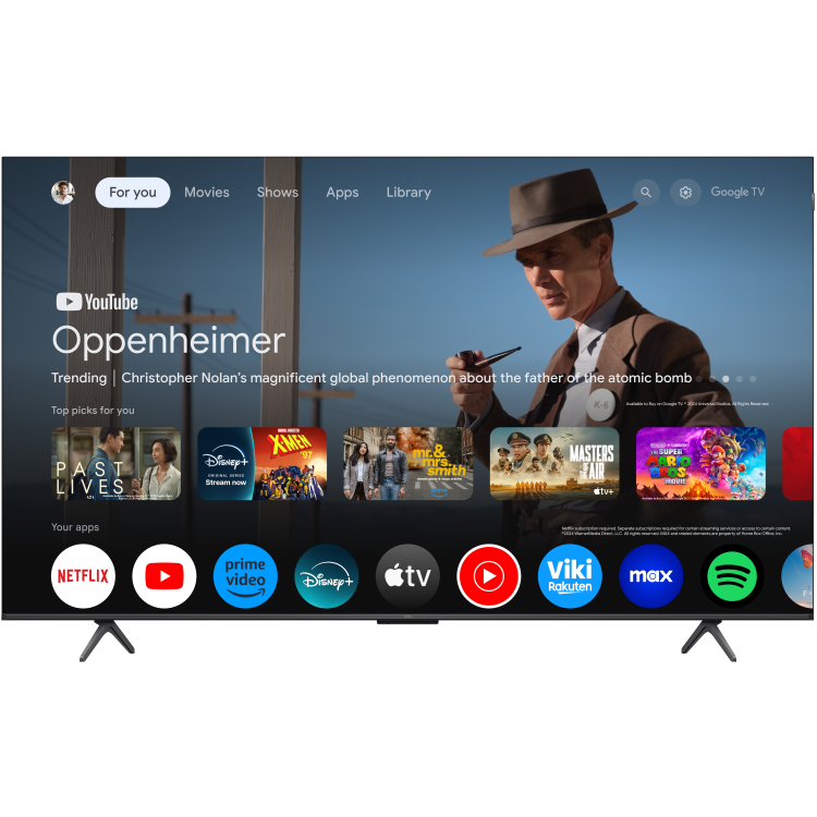 TCL TV od spredaj z Google TV, Oppenheimer na zaslonu, vrstica aplikacij, tanek okvir in širok zaslon.