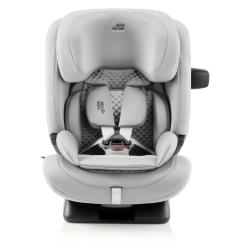 Britax Römer Advansafix Pro Lux i‑Size avtosedež v sivi barvi, pogled od spredaj z integriranim varnostnim pasom.