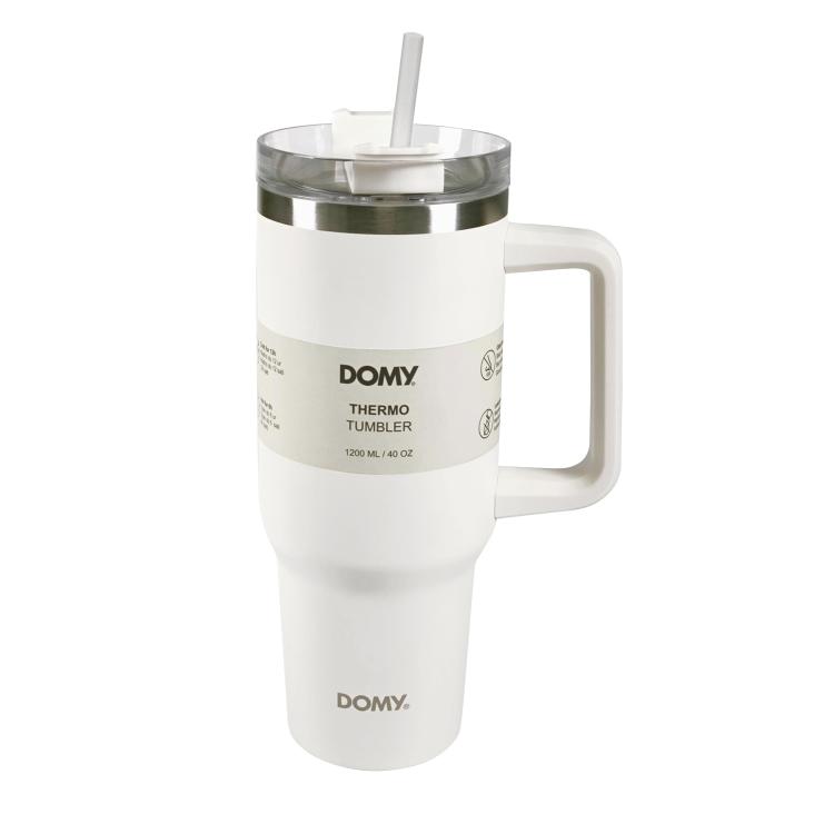 Bel termo lonček DOMY 1200 ml z ročajem, slamico in pokrovom, vakuumska izolacija, eleganten minimalističen dizajn