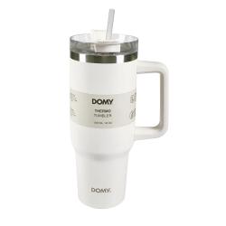 Bel termo lonček DOMY 1200 ml z ročajem, slamico in pokrovom, vakuumska izolacija, eleganten minimalističen dizajn