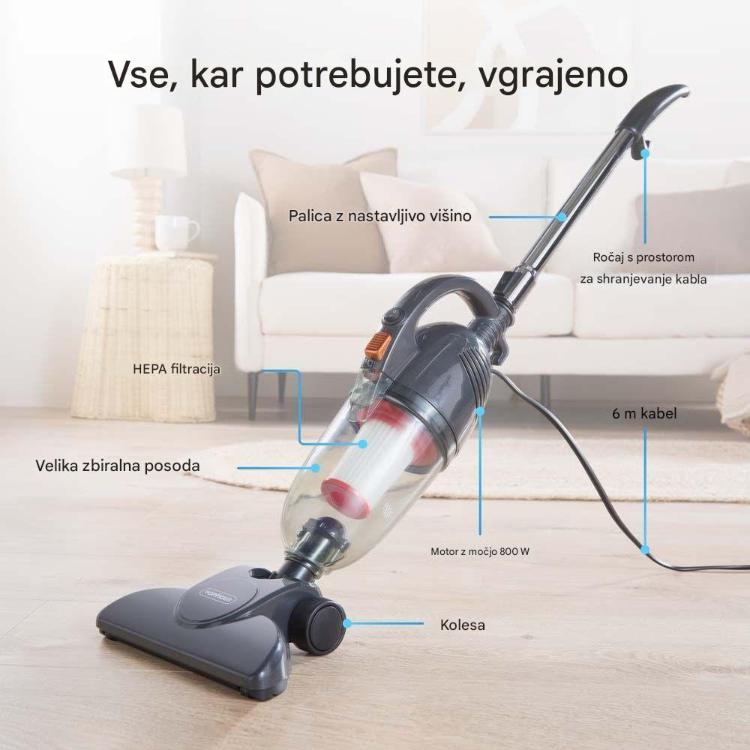  Pokončni sesalnik VonHaus 2‑v‑1 z močjo 800 W, HEPA filtracijo in 6‑metrskim napajalnim kablom omogoča učinkovito čiščenje tal, preprog, pohištva in težje dostopnih mest v domu.