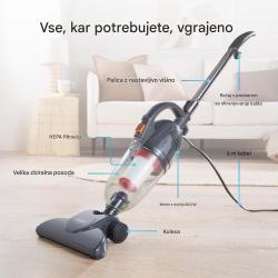  Pokončni sesalnik VonHaus 2‑v‑1 z močjo 800 W, HEPA filtracijo in 6‑metrskim napajalnim kablom omogoča učinkovito čiščenje tal, preprog, pohištva in težje dostopnih mest v domu.