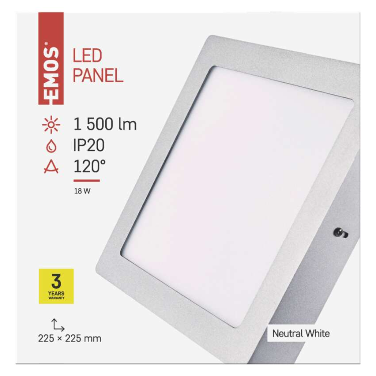 Nadometni LED panel Emos, kvadratni, srebrn, 18W, nevtralno bela