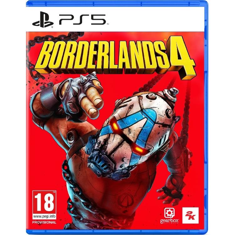 Copilot said: Borderlands 4 za PS5, uradna naslovnica igre z maskiranim likom Psycho na rdečem ozadju, PEGI 18.