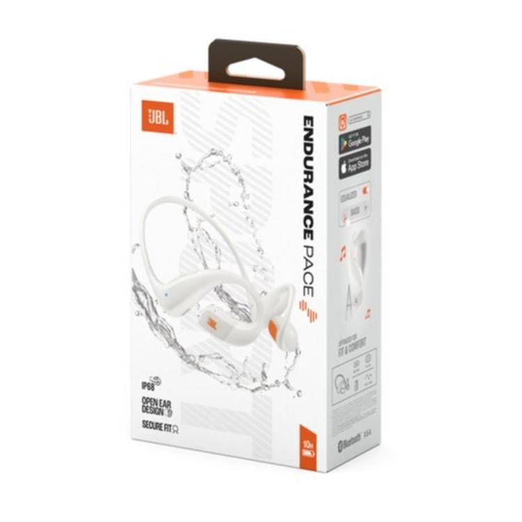 Embalaža slušalk JBL Endurance Pace v beli barvi s prikazom izdelka, oznako IP68 in Bluetooth povezljivostjo.