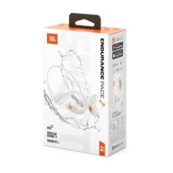 Embalaža slušalk JBL Endurance Pace v beli barvi s prikazom izdelka, oznako IP68 in Bluetooth povezljivostjo.