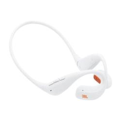 Bele slušalke JBL Endurance Pace s prilagodljivim zatilnim lokom in oranžnimi mrežicami zvočnikov.