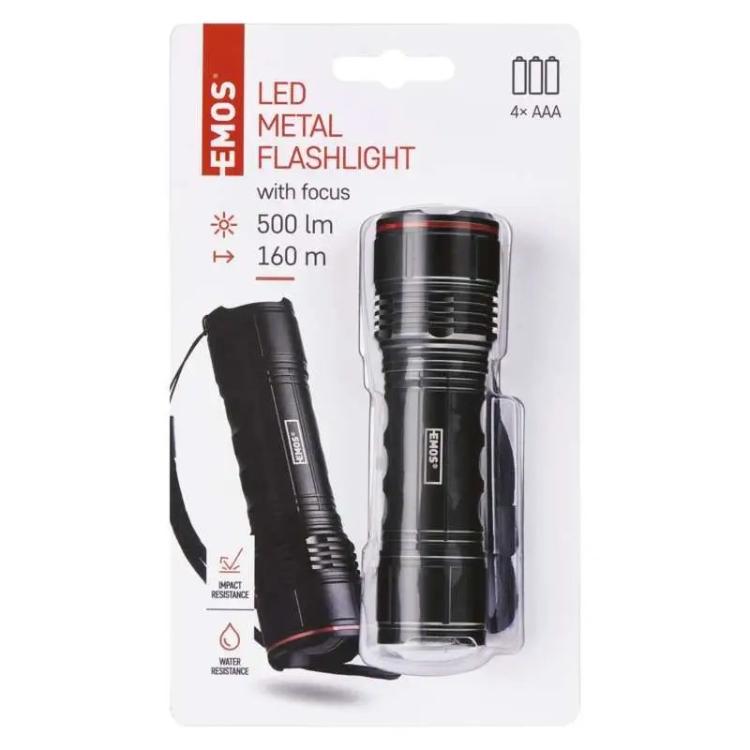 Ročna LED svetilka Emos 500 lm, 4× AAA, fokus, kovinska