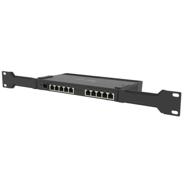 MikroTik RB4011iGS+RM usmerjevalnik z 10 gigabitnimi Ethernet priključki, SFP+ režo in priloženimi nosilci za montažo v komunikacijsko omaro.