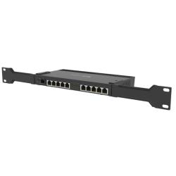 MikroTik RB4011iGS+RM usmerjevalnik z 10 gigabitnimi Ethernet priključki, SFP+ režo in priloženimi nosilci za montažo v komunikacijsko omaro.