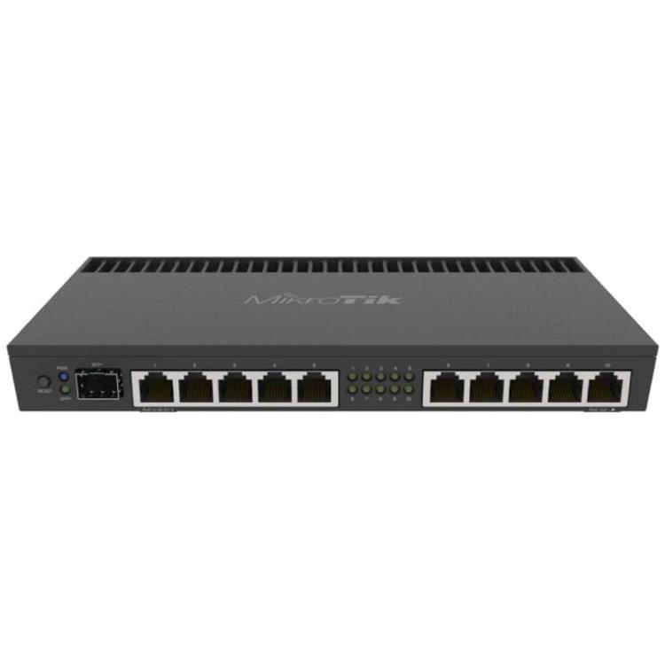 Sprednji pogled na MikroTik RB4011iGS+RM z 10 Gigabit RJ‑45 priključki, SFP+ vhodom in LED indikatorji stanja omrežja.
