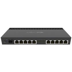 Sprednji pogled na MikroTik RB4011iGS+RM z 10 Gigabit RJ‑45 priključki, SFP+ vhodom in LED indikatorji stanja omrežja.