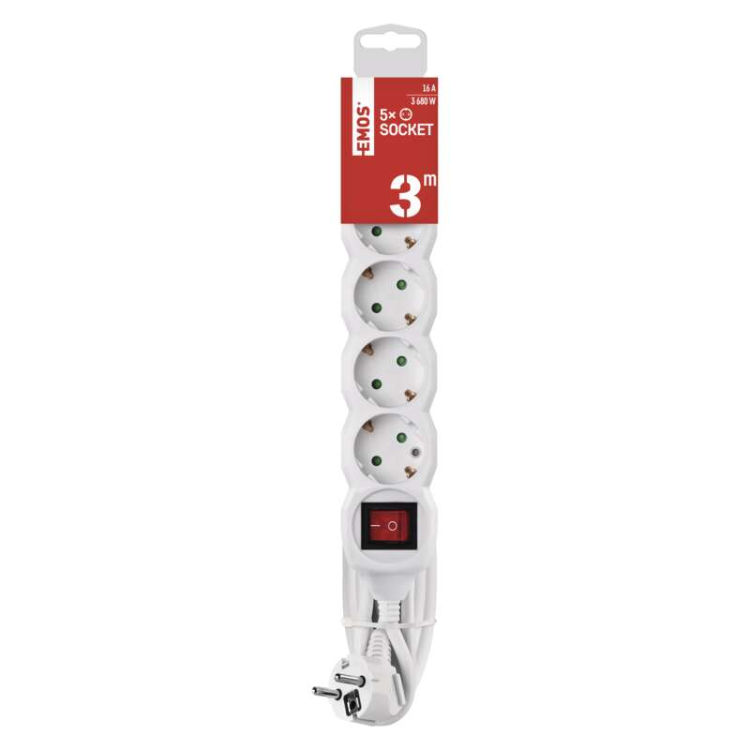 Podaljšek Emos 3 m / 5 vtičnic / s stikalom / beli / PVC / 1,5 mm2