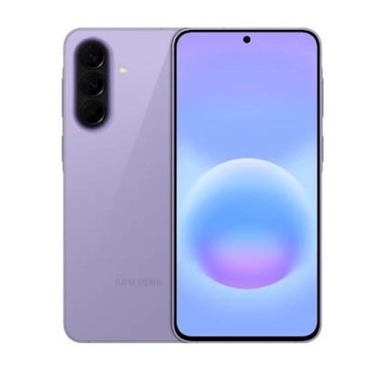 Sprednja in zadnja stran Samsung Galaxy v lila barvi, s trojno kamero in centrirano zaslonko.