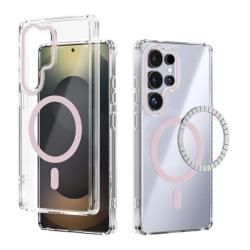 Prosojen zaščitni ovitek za Samsung Galaxy S26 Ultra z označenim svetlo rožnatim magnetnim krogom.