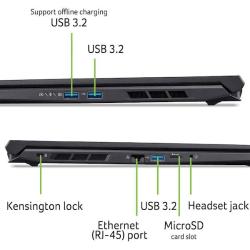Stranski pogledi priključkov Acer Nitro: USB 3.2, Ethernet, microSD, HDMI 2.1, USB‑C in avdio priključek.