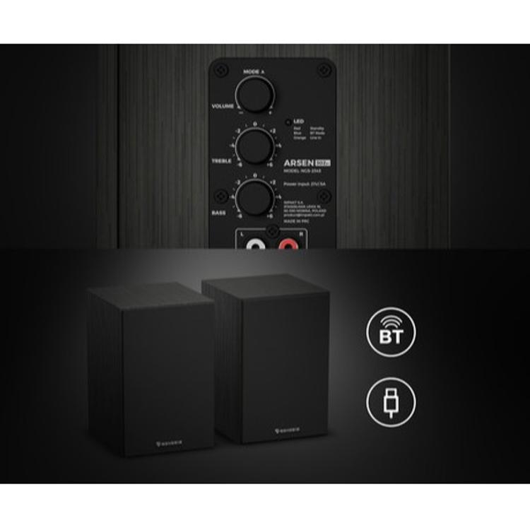 Genesis Arsen 302BT, zadnja nadzorna plošča z nastavitvami glasnosti, visokih in nizkih tonov ter Bluetooth.