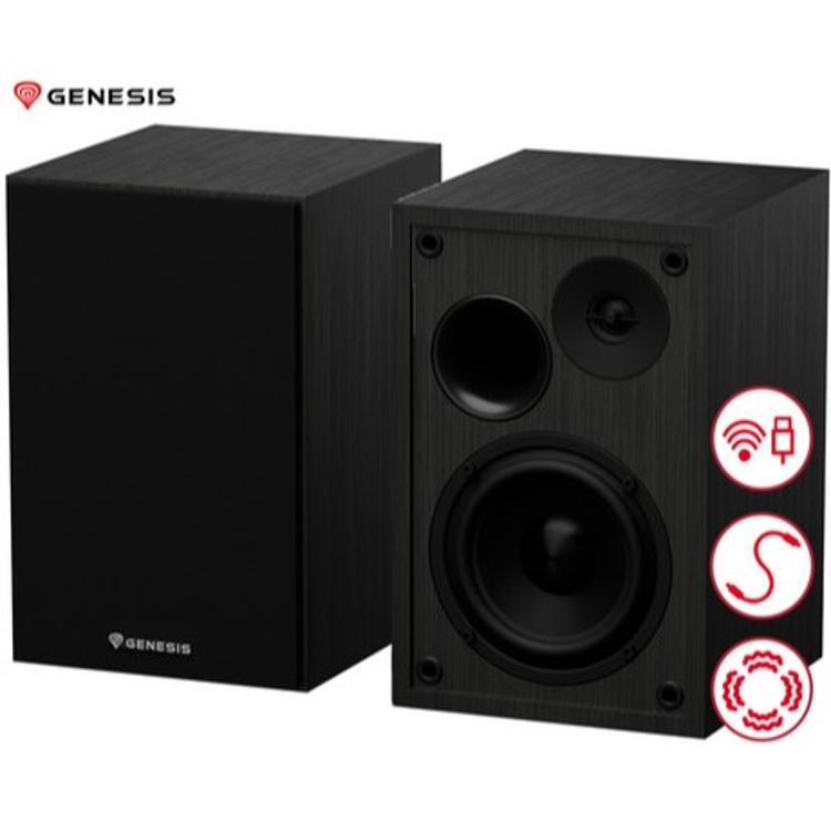 Genesis Arsen 302BT stereo zvočniki v lesenem črnem ohišju, sprednji pogled z vidnimi gonilniki in Bluetooth ikonami.