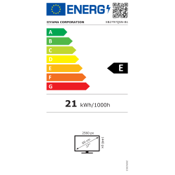 Energijska nalepka EU za monitor iiyama ProLite XB2797QSN‑B1 z energijskim razredom E, porabo 21 kWh/1000 h in diagonalo 27 palcev.