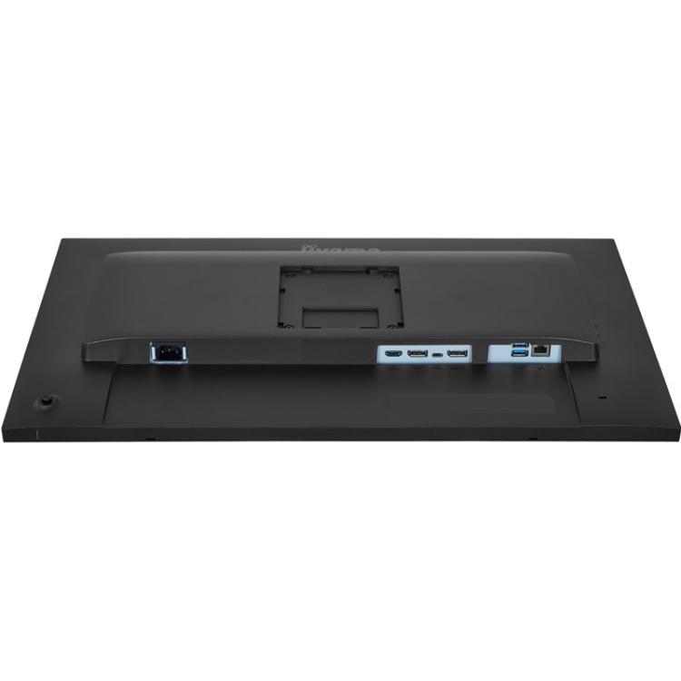 Zadnja stran iiyama monitorja z vidnimi priključki USB, HDMI, DisplayPort, omrežnim priključkom in VESA nosilcem.