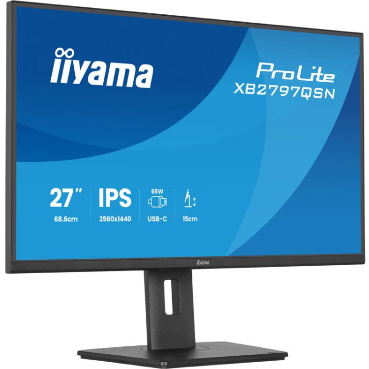 iiyama ProLite XB2797QSN monitor, prikazan pod kotom z ozkimi robovi zaslona in nastavljivim stojalom.