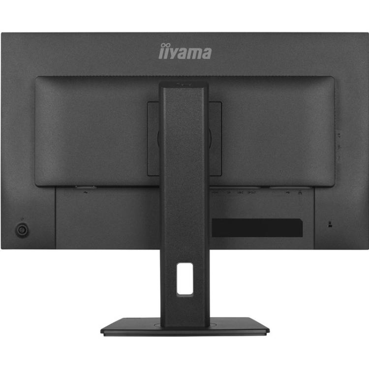 Zadnji pogled na iiyama monitor z ergonomskim stojalom za nastavitev višine in urejeno napeljavo kablov.