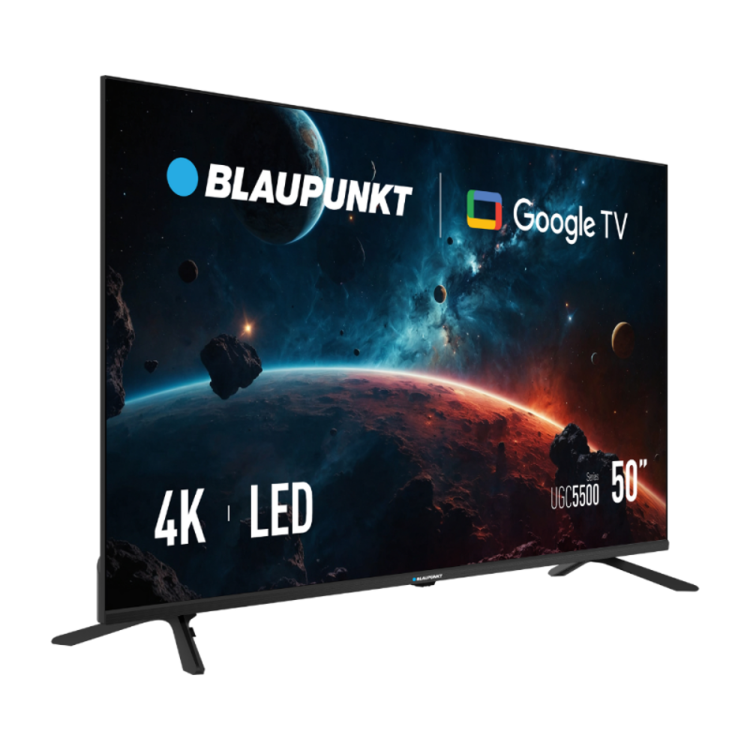 Blaupunkt 50" 4K LED televizor z Google TV, poševni pogled, tanek okvir in sodoben dizajn.