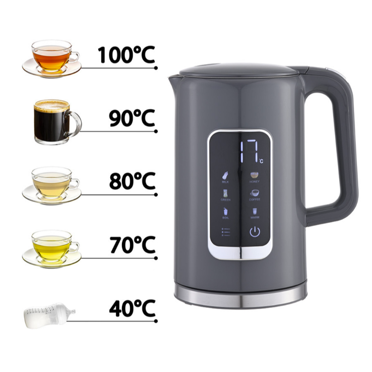 Platinet digitalni grelnik vode v sivi barvi, prikazan z nastavljivimi temperaturami 40 °C, 70 °C, 80 °C, 90 °C in 100 °C za pripravo različnih napitkov.
