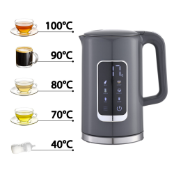 Platinet digitalni grelnik vode v sivi barvi, prikazan z nastavljivimi temperaturami 40 °C, 70 °C, 80 °C, 90 °C in 100 °C za pripravo različnih napitkov.