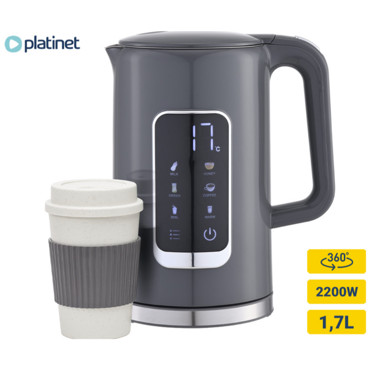 Platinet digitalni grelnik vode, prikazan z notranjostjo iz nerjavečega jekla 304 z označeno minimalno prostornino 0,5 L in maksimalno prostornino 1,7 L.