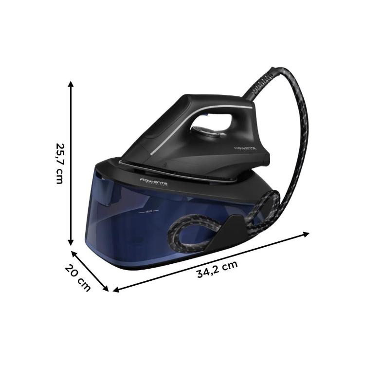 Tehnični prikaz dimenzij Rowenta EasySteam parne postaje z označeno višino 25,7 cm, širino 20 cm in dolžino 34,2 cm za lažjo predstavo o velikosti naprave
