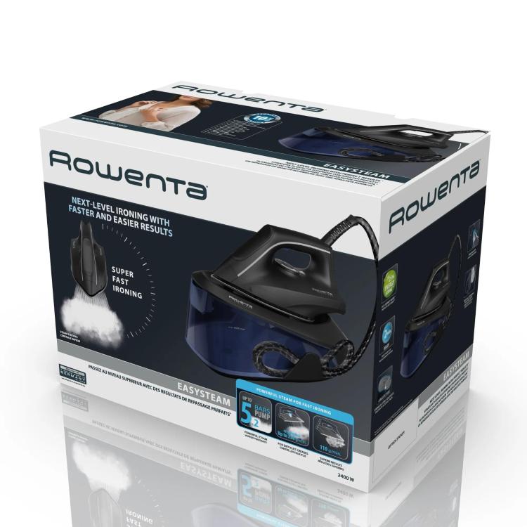 Embalaža Rowenta EasySteam parne postaje z prikazom naprave, poudarjenimi lastnostmi hitrega likanja, močjo 2400 W in tlakom črpalke do 5,2 bara