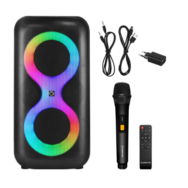 Prenosni zvočnik Manta z barvno LED osvetlitvijo, priloženi kabli, mikrofon in napajalnik.
