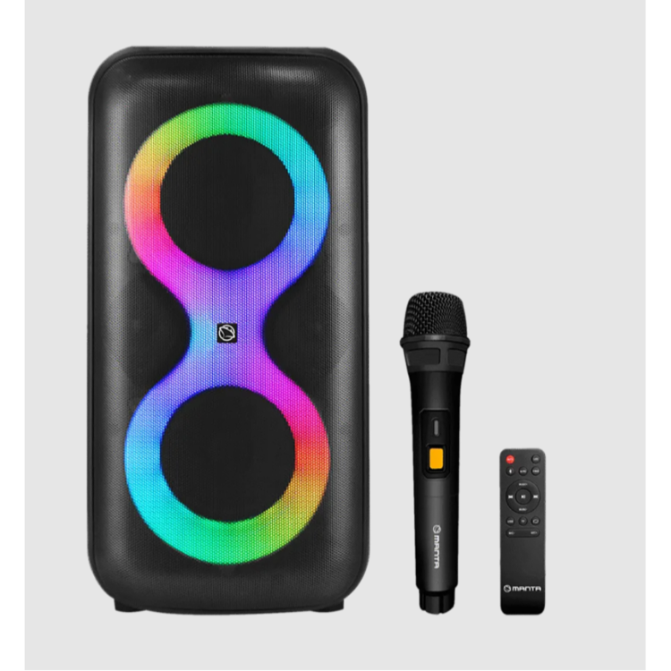 Prenosni zvočnik Manta z barvno LED osvetlitvijo, priložena mikrofon in daljinski upravljalnik.