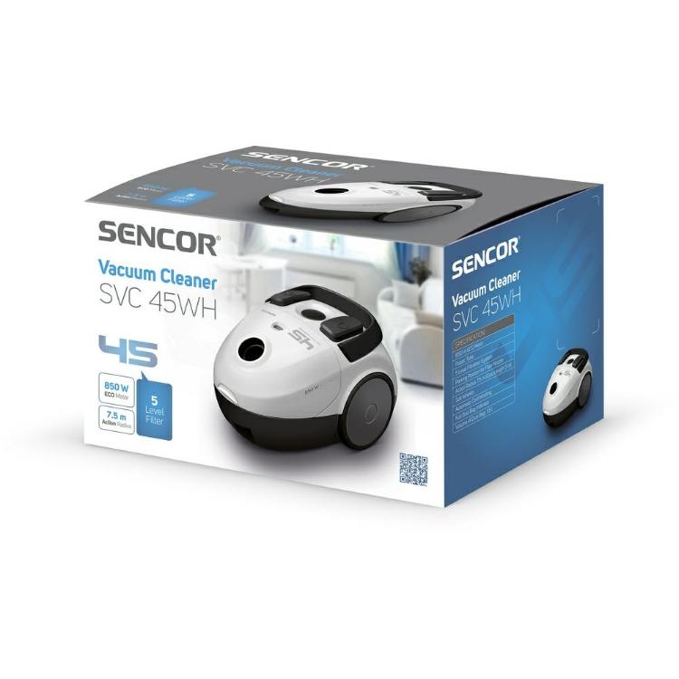 Embalaža sesalnika Sencor s prikazom naprave in osnovnimi informacijami