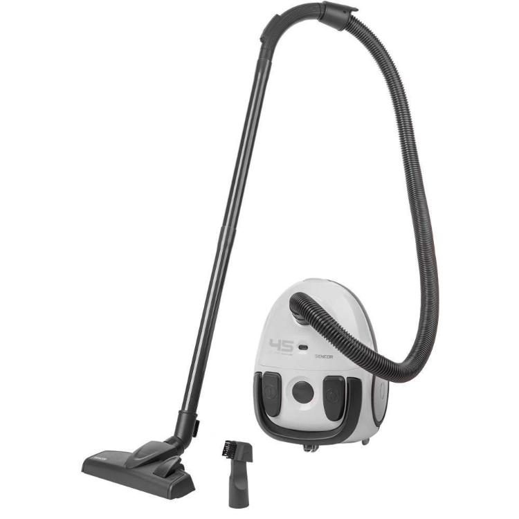 Sesalnik z vrečko z gibljivo cevjo in talno krtačo, bela in črna izvedba