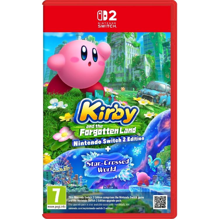 Copilot said: Kirby and the Forgotten Land – Nintendo Switch 2 Edition + Star‑Crossed World, uradna naslovnica s Kirbyjem v zaraščenem mestu.