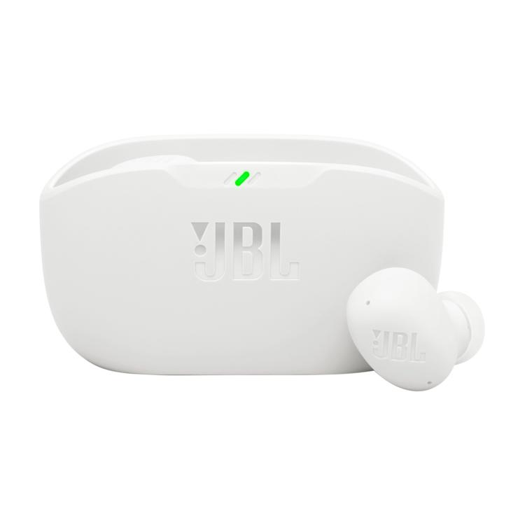 Beli JBL Wave Buds 2 v odprtem etuiju z LED indikatorjem in kompaktno ergonomsko obliko.