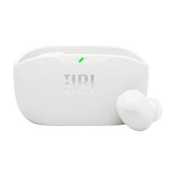 Beli JBL Wave Buds 2 v odprtem etuiju z LED indikatorjem in kompaktno ergonomsko obliko.