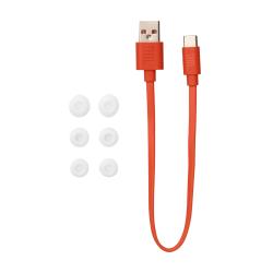 Dodatki JBL Wave Buds 2: oranžen USB‑C kabel in komplet belih silikonskih nastavkov.