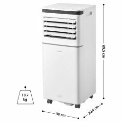 Sencor prenosna klimatska naprava SAC MT7043C v beli barvi z izpihovalnimi lamelami, kolesci za premikanje in prikazanimi merami 69,5 × 30 × 29,4 cm ter težo 18,7 kg