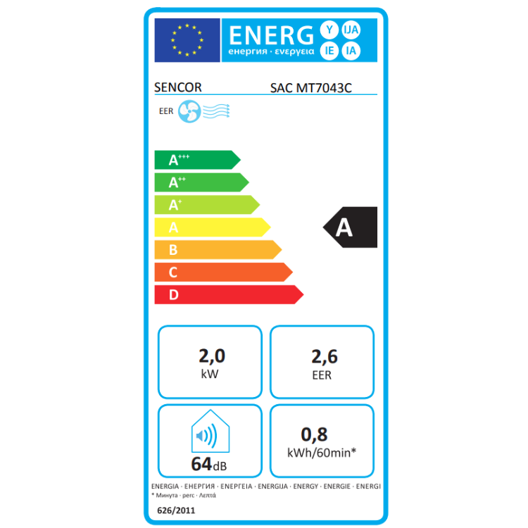Energijska nalepka klimatske naprave Sencor SAC MT7043C z razredom A, zmogljivostjo 2,0 kW, EER 2,6, glasnostjo 64 dB in porabo 0,8 kWh/60 min.
