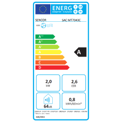Energijska nalepka klimatske naprave Sencor SAC MT7043C z razredom A, zmogljivostjo 2,0 kW, EER 2,6, glasnostjo 64 dB in porabo 0,8 kWh/60 min.