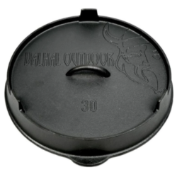 Valhal Outdoor litoželezni pokrov v črni barvi, prikazan od zgoraj z ročajem in reliefnim logotipom.