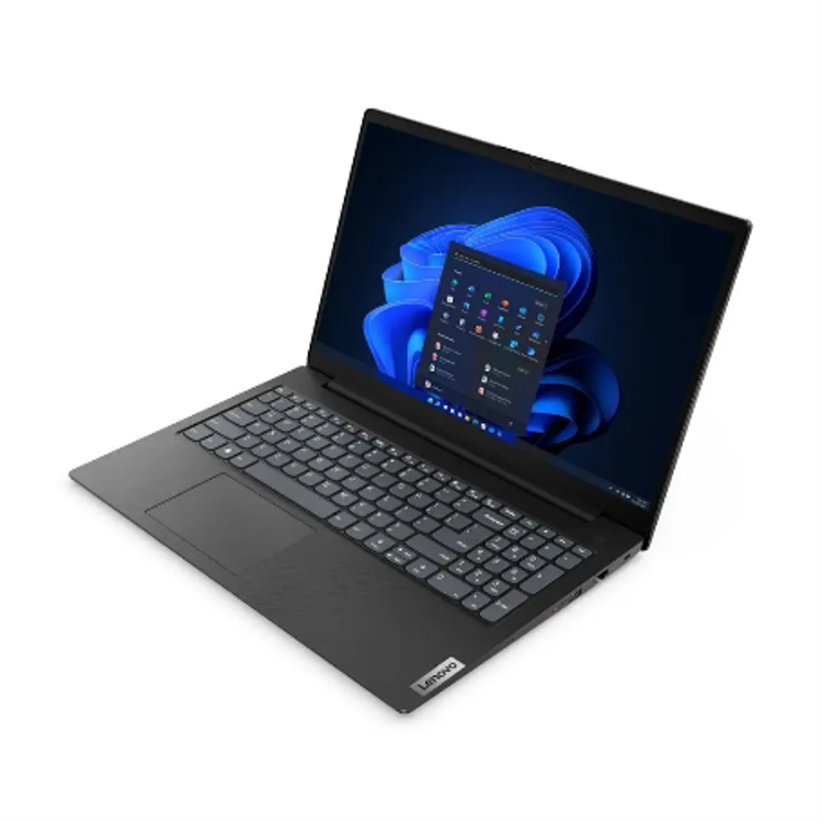 Črn prenosnik Lenovo z velikim zaslonom, tipkovnico s številčnico in sistemom Windows 11.