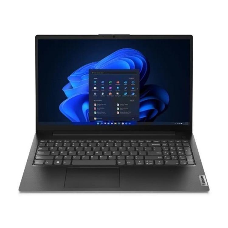 Odprt prenosnik Lenovo spredaj, črn dizajn, jasen zaslon z Windows 11 vmesnikom.