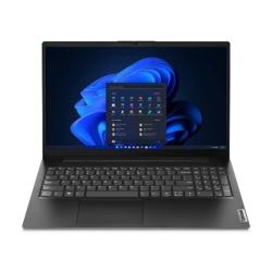 Odprt prenosnik Lenovo spredaj, črn dizajn, jasen zaslon z Windows 11 vmesnikom.