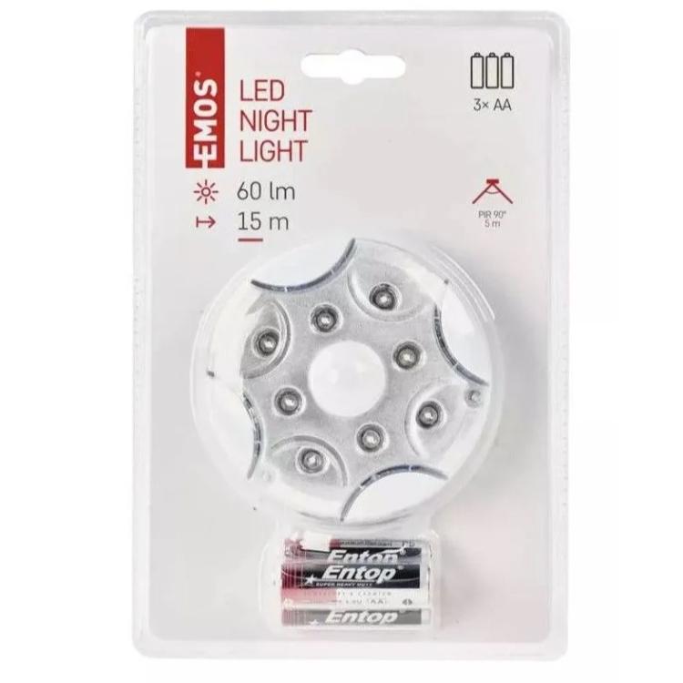 Nočna lučka 8 LED Emos P3310K s PIR senzorjem gibanja, 3× AA